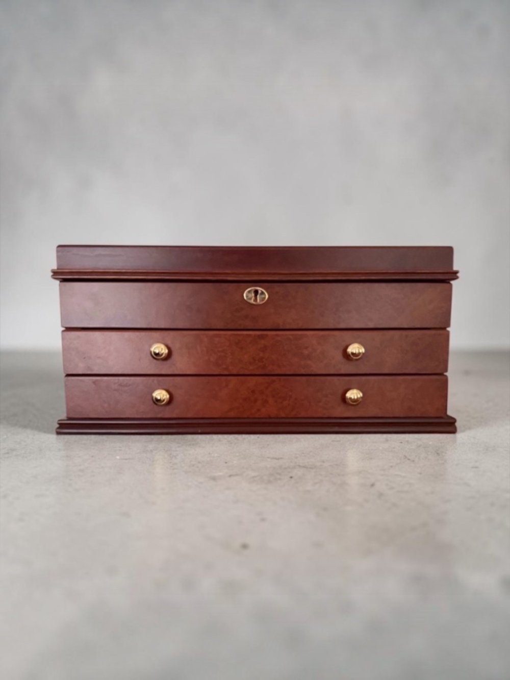 Brown Burl-wood Veneer Jewelry Box w/ Mirror, 3 Tier,  Velvet Lining, also Key